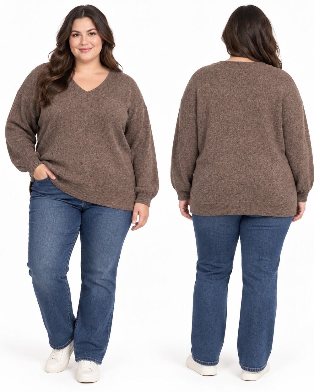 Rachel Zoe Sweater Women's 2X Brown V Neck Oversized Textured Knit Pullover